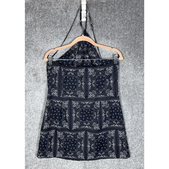 Elodie Mini Dress Womens Size Large Black White Bandana Paisley Halter Keyhole - Picture 2 of 7